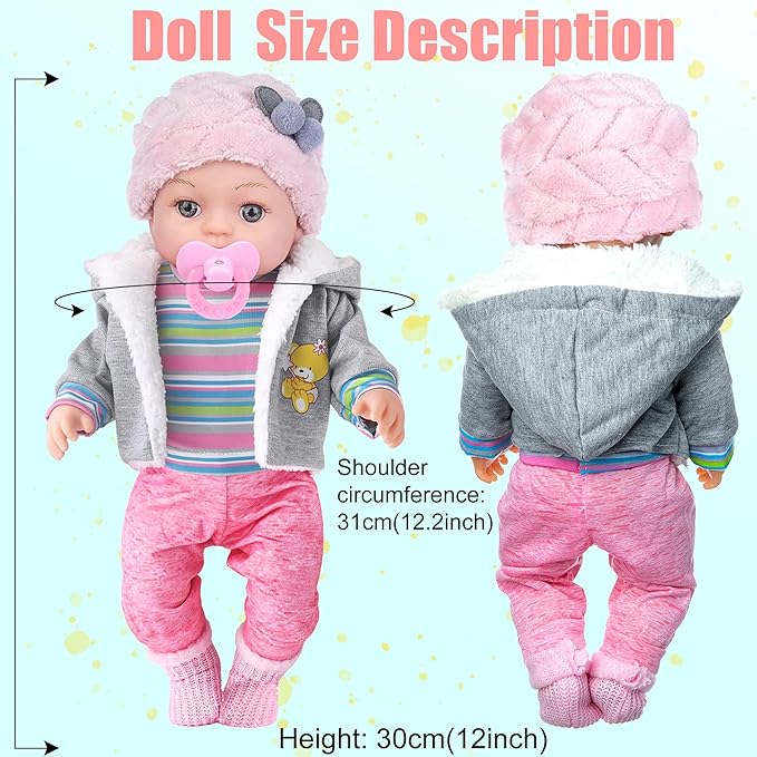 12 Inch Realistic Baby Doll with Outfits & Feeding Accessories - Lifelike Baby Doll with Pacifier, Bottle & Feeding Set, Ideal Gift for Toddler Girls Age 3+