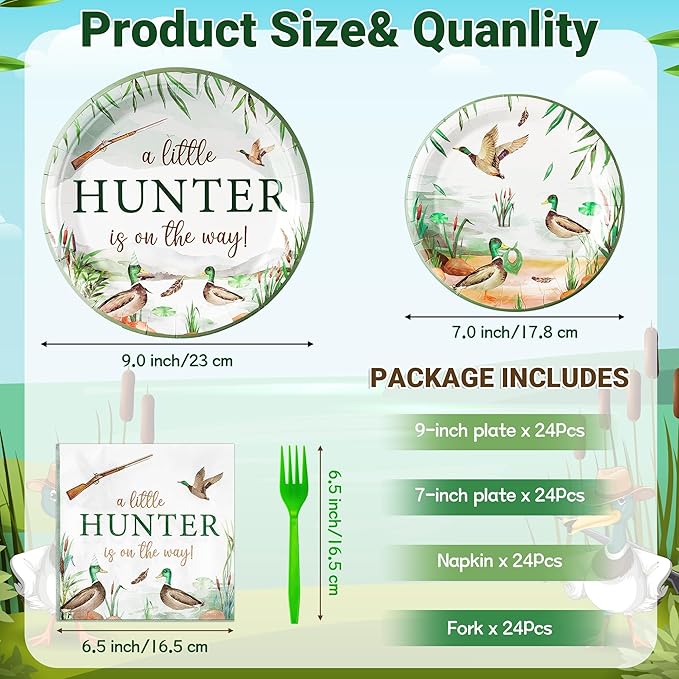 Mallard Duck Birthday Party Supplies - 96Pcs A Little Hunter is on the Way Plates Napkins Forks Tableware Set, Disposable Paper Plates Party Decoration for Birthday Baby Shower Table Decor, Serve 24