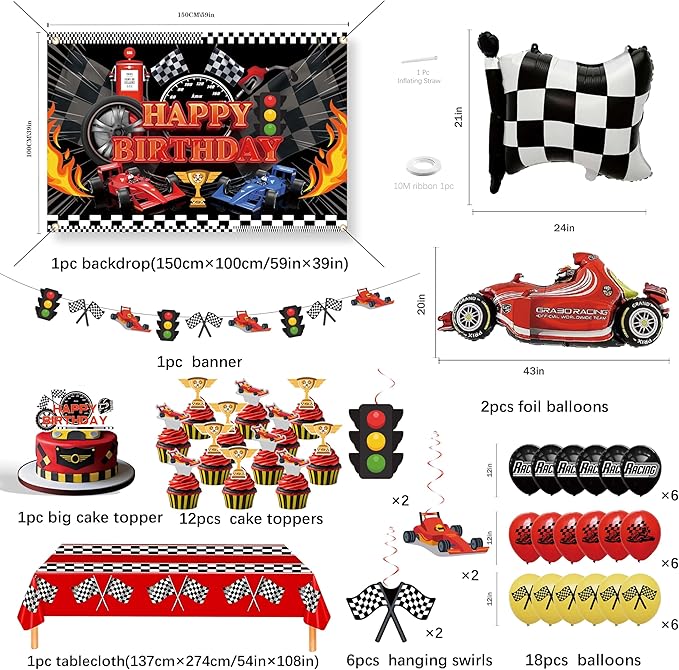 Happy Birthday Decorations For Women Men,Birthday Backdrop,Banner Balloons,Table Cloth,Paper pom poms Party Supplies for Girls Boys (Race car)
