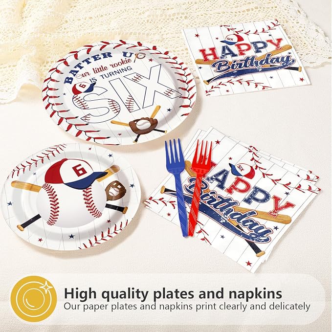 96 Pcs Baseball Birthday Decorations Disposable 6th Birthday Party Paper Plates and Napkins Baseball Sports Themed Party decorations Tableware Set for Boys Girls Kids Supplies, Serves 24