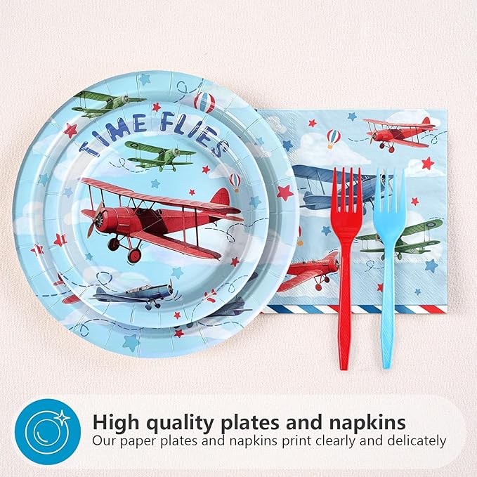 96Pcs Airplane Birthday Party Decorations Red & Blue Airplane Aircraft Plates and Napkins Tableware Set How Time Flies Birthday Decorations for Boys Baby Shower Pilot Plane Party Supplies Serve 24