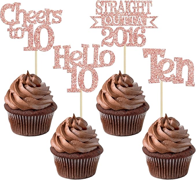 Ephlyn 24Pcs Happy 10th Birthday Cupcake Toppers Glitter Ten Cupcake Picks Hello 10 Cheers to 10 Years Cake Decorations for 10th Birthday Anniversary Party Decorations Supplies Rose Gold