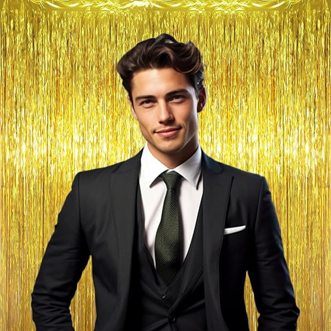 3.3 x 6.6 ft Foil Fringe Backdrop Curtains, Tinsel Streamers Party Decorations, Fringe Backdrop for Birthday, Baby Shower, Gender Reveal, Graduation (6, Gold)