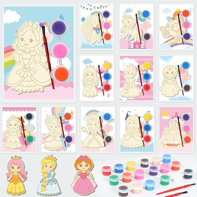 36Pcs Princess Party Favors Birthday Supplies Decorations-Cards with Art Crafts Castle Fairies DIY Wooden Painting Craft Kits Thank You for Coming Gifts Bulk Goodie Bags Stuffers Prizes for Kids Girls
