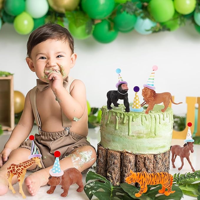 Hooqict 20 Pcs Jungle Animal Birthday Party Decorations Safari Animals Figures with Mini Birthday Hats Animal Cake Toppers for Kids Safari Cake Decorations Wild Zoo Themed Party Decorations