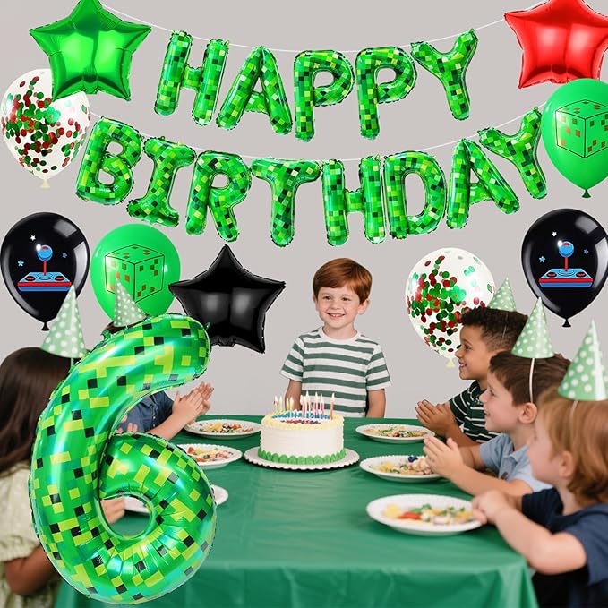 40in Pixel Number 5 Balloon Birthday Decorations, Miner Theme Foil Balloons banner Blast Gaming Party Supplies