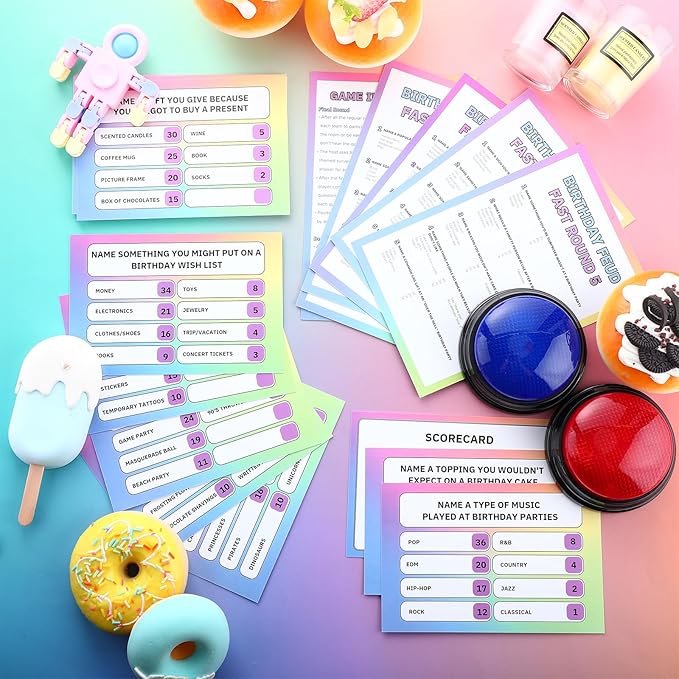 Soulchen Birthday Friendly Feud Game Set Birthday Party Game Trivia Quiz with Cards and 2 Buzzer for Family Home Games Activities Party Supplies, Battery Not Included