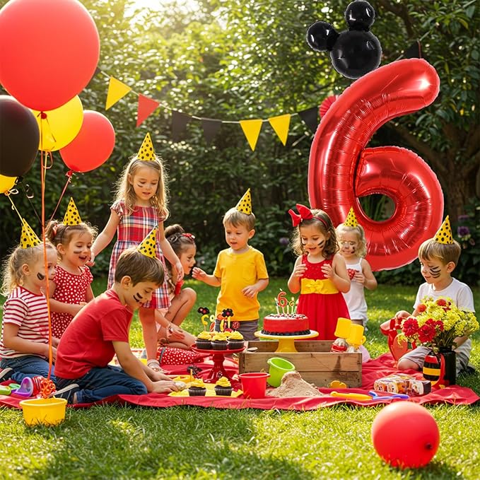 Vuzvuv 40 Inch Mouse Number Balloon No.6, Black Mouse Head Balloon and Red Giant Giant Number Six Balloon for Birthday, Mouse Theme Party Supplies, Baby Shower,Anniversary Decoration