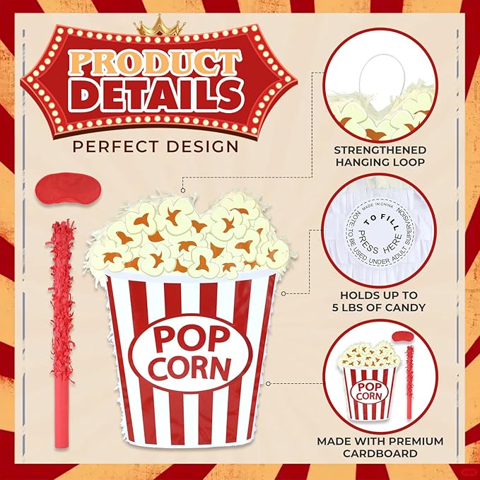 Popcorn Pinatas Bundle with a Blindfold and a Bat(16.5 x 12.5 x 3.5 Inches), Perfect for Fun Kid's Birthday Parties, Cinema Movie Theme Party Decoration Games