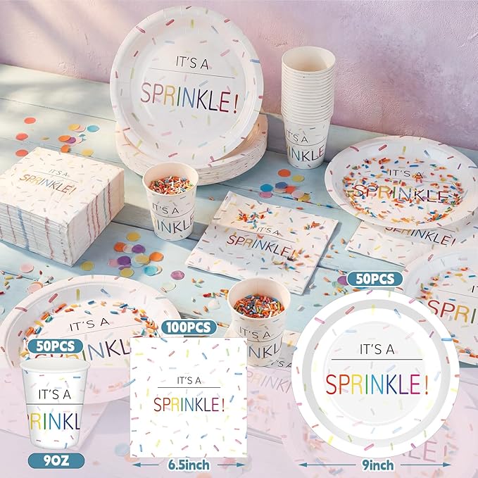 Hushee 200 Pcs It's a Sprinkle Baby Shower Paper Plates Cups Napkins Party Supplies Tableware Set Disposable Cup Napkin for 50 Guest Party Decoration