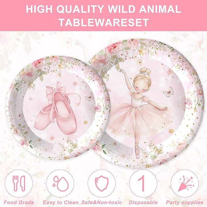 120PCS Ballerina Party Supplies for Girls Dancing Themed 1st 2nd Birthday Party Decorations Cute Pink Ballet Tutu Babyshower Tableware Set Paper Plates Napkins Cups Set for 20 Guests