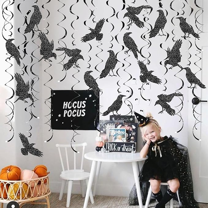 24 Pcs Crow Hanging Swirls Crow Ceiling Decorations Black Crow Party Decorations Crow Party Supplies for Crow Birthday Party Decorations Halloween Party Decorations