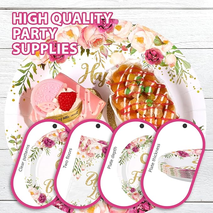 96Pcs 90th Birthday Decorations for Women Rose Gold Floral Party Plates and Napkins Disposable 90th Birthday Gifts Tableware Set for Women Fabulous Party Decorations Serves 24