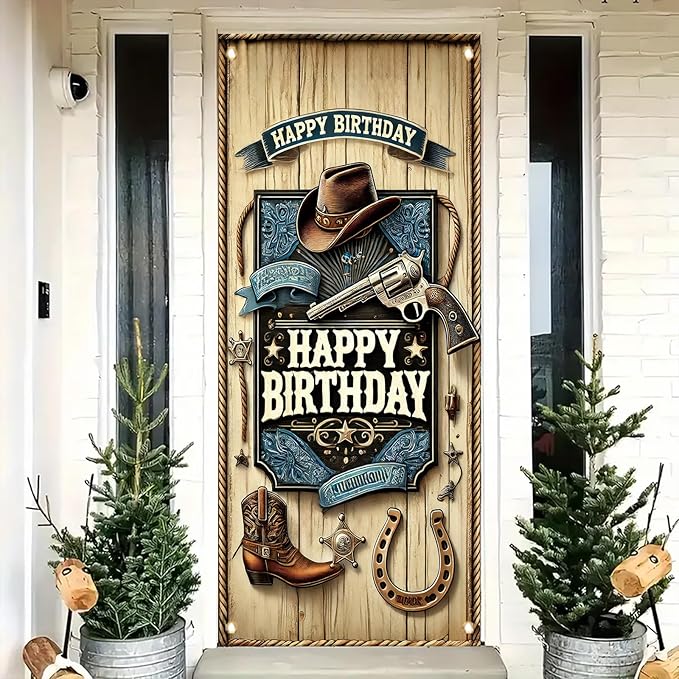 Western Cowboy Door Cover Banner 70 x 35 Inch Decoration West Boy Theme Door Cover Western Birthday Party Photography Background Decor Backdrop West Barn Door Sign Banner