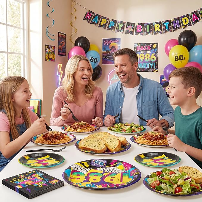 Haooryx 1986 40th Birthday Party Tableware - 96Pcs 80S Vintage Black Birthday Party Decor Supplies Back in 1986 Disposable Paper Plates Napkins Plastic Forks for Men Women 40 Years Old Birthday Party