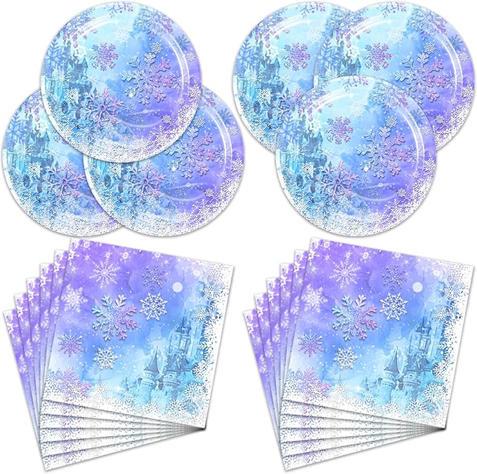 40Pcs Frozen Party Decorations Winter Wonderland Birthday Supplies Christmas Snowflake Plates and Napkins for Baby Shower Birthday Party Decorations