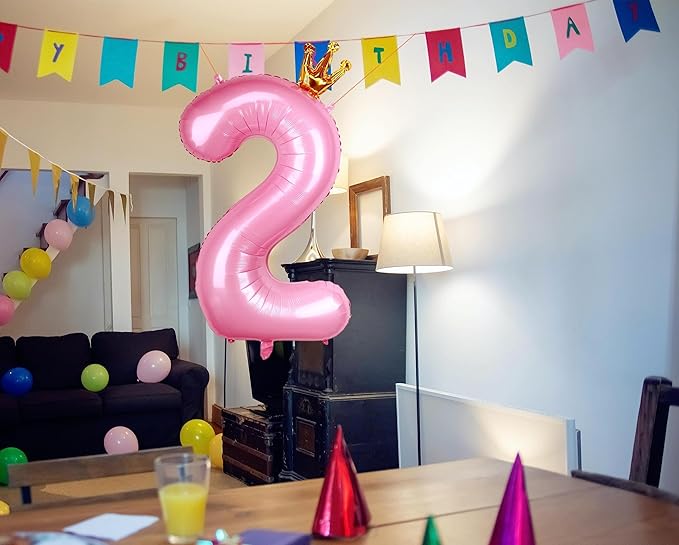 40 Inch Crown Pink Number 2 Balloon, Big Conjoined Baby Pink Foil Mylar Helium 2 Balloon for Girls 2nd Birthday Party Decorations Princess Theme Party Supplies Favors Anniversary Decor