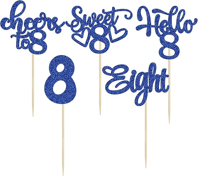 30Pcs 8th Birthday Cupcake Toppers Glitter Eight Hello 8 Cupcake Picks Cheers to 8 Years Old Cake Decorations for 8th Birthday Party Supplies Deep Blue