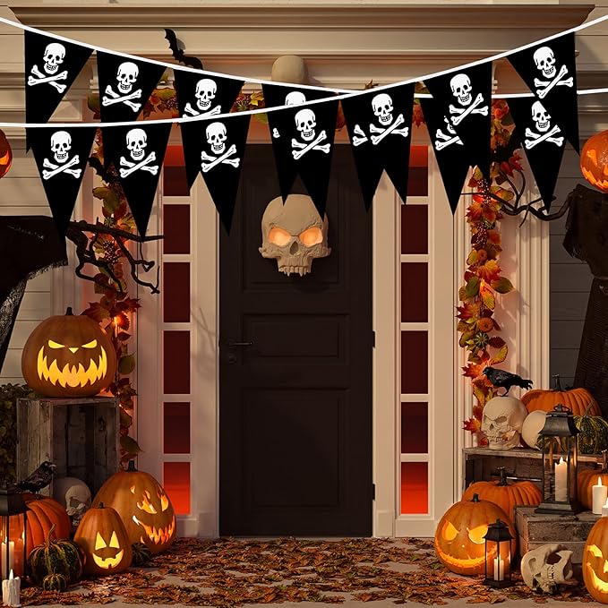Tatuo 90 Pcs Pirate Banner Flag 99 ft Skull Pirate Party Decorations Birthday Jolly Roger Ship Triangle Pennant Bunting Decor for Gasparilla Celebration Indoor Outdoor Party Supplies