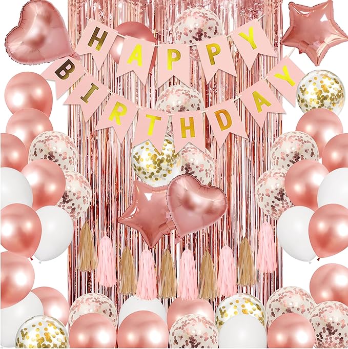 Amandir Rose Gold Birthday Party Decorations Kit, Confetti Foil Rose Gold Balloons Happy Birthday Banner Tassels Metallic Fringe Curtains Valentines day 30th 40th 50th 60th Party Supplies for Women