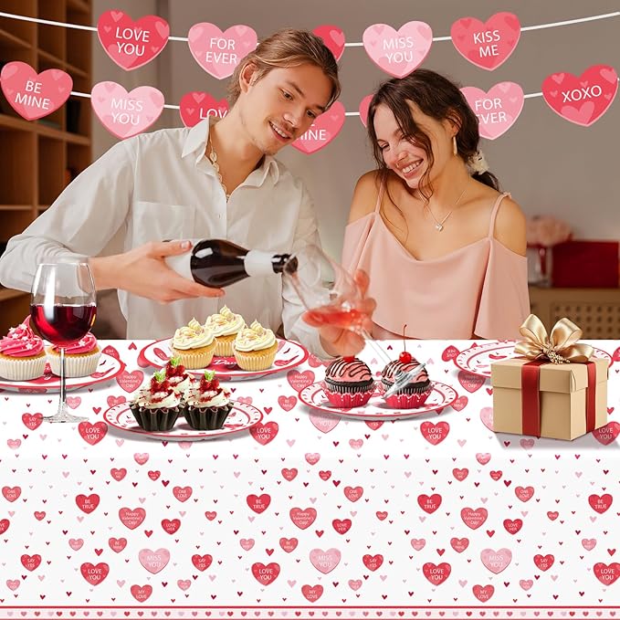 Valentine's Day Party Supplies Tableware Set Red Heart Love Paper Plates Napkins Cups Tablecloth Garlands Banner for Valentine's Day Party Decorations, Serves 24