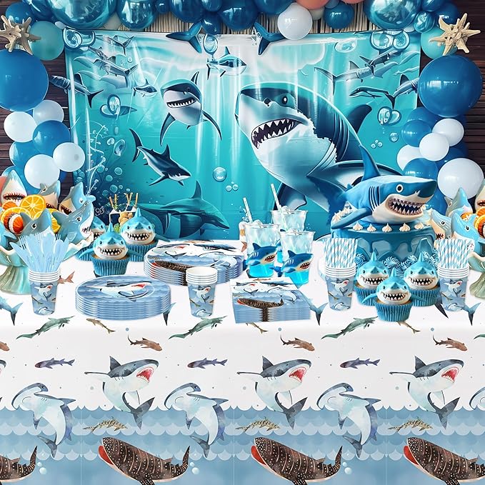 Shark Birthday Plates And Napkins Party Supplies - Ocean Under The Sea Shark Birthday Decorations Tableware, Paper Plate, Cup, Napkin, Disposable Fork, Serves 24