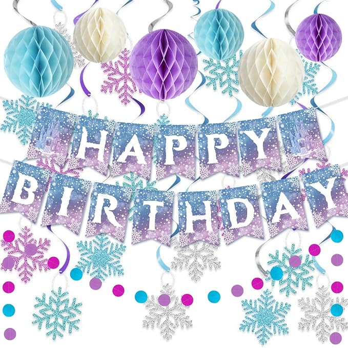 Frozen Birthday Party Decorations, Princess Party Supplies Winter Theme Happy Birthday Banner, Honeycomb Balls, Hanging Swirls, Snowflakes for Princess BirthdayS Decoration Girl Party