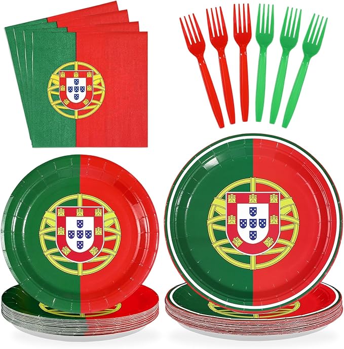 96Pcs Portugal Flag Party Supplies Portuguese Flag Plates and Napkins National Country Decoration Portugal Theme Red and Green Tableware Set for Patriotic Festival Party Supplies，Serves 24