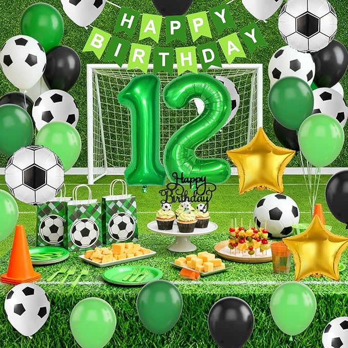 Soccer Birthday Party Decorations for Boys, 12th Soccer Birthday Decoration with Green Black White Balloons 'HAPPY BIRTHDAY' Banner Cake Toppers 32in Foil 12 Balloon for Boys Sports Party Decor