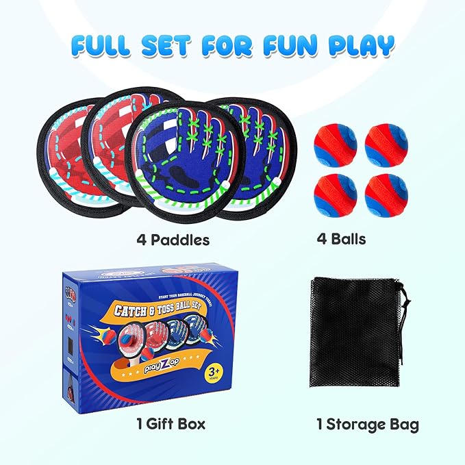 Playzap Toss and Catch Ball Set - Baseball Glove Toy Indoor Outdoor Yard Game & Beach/Pool/Sand Toy Set 2 Pack or 4 Pack - Easter Basket Stuffers for Toddlers Kids Youth Boys Girls 2-4 5-7 8-13+ Yrs