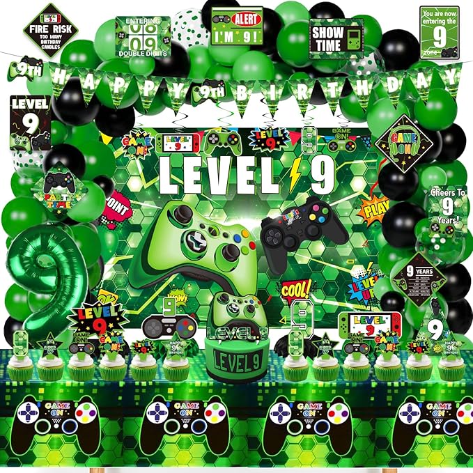 9th Birthday Decorations for Boys, 148Pcs Green Video Game level 9 Party Supplies for Boy 9th Birthday - Backdrop, Banner, Balloons, Tablecloth, Centerpieces, Hanging Swirl, Hat, Wall Signs
