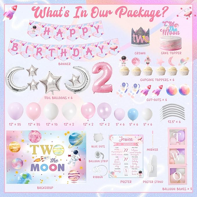 Two the Moon Birthday Decorations Girl, Outer Space 2nd Birthday Party Decorations, Two the Moon Backdrop Cake Cupcake Topper Balloon Garland Two Years Old Girl Party Supplies Kit Moon Themed for Girl