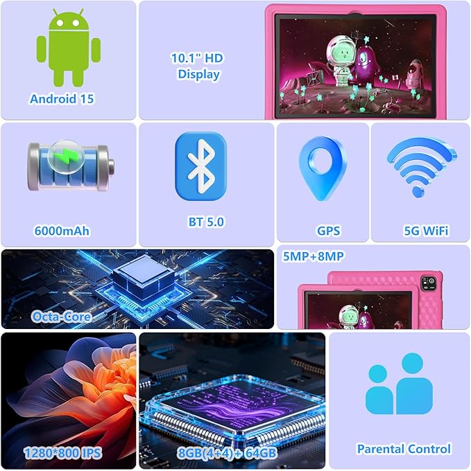2025 Latest 10.1 inch Kids Tablet Android 15 Tablets for Kids with EVA Protective Case 8GB RAM 64GB Storage Toddler Tablet, Parental Controls, 12-hr Battery, WiFi, GPS, Pink