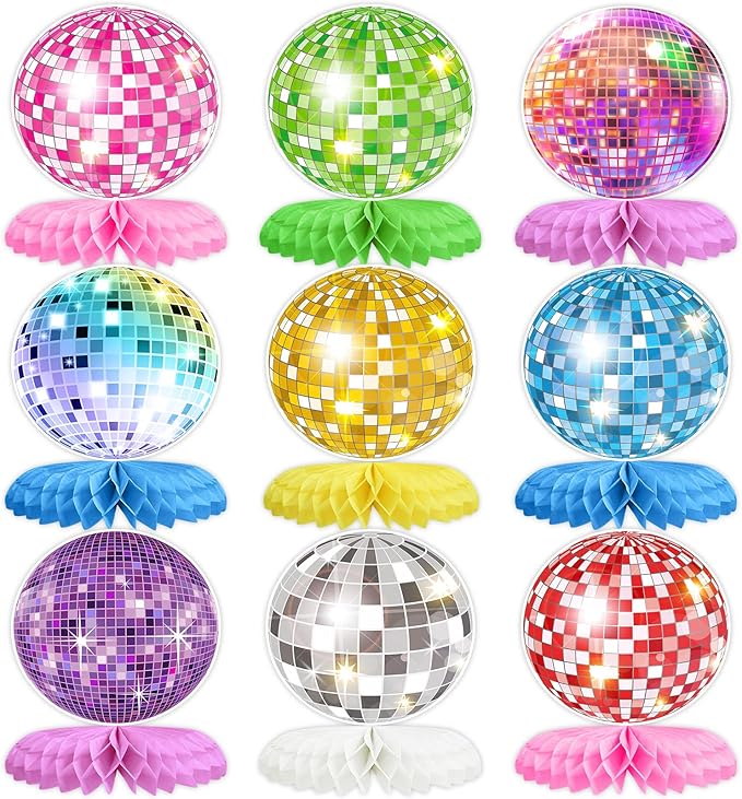 9PCS Disco Honeycomb Centerpieces Disco Ball Party Decorations Colorful Rock and Roll Party Table Centerpieces 50s 70s 80s 90s Disco Music Theme Birthday Party Supplies Decor