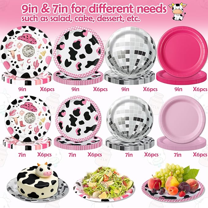 48 Pcs Disco Cowgirl Party Paper Plates, 9" 7" Hot Pink Cow Print Disco Ball Disposable Dessert Plates for Birthday, Baby Shower, Wedding, Western Last Rodeo Bachelorette Party Decorations Supplies