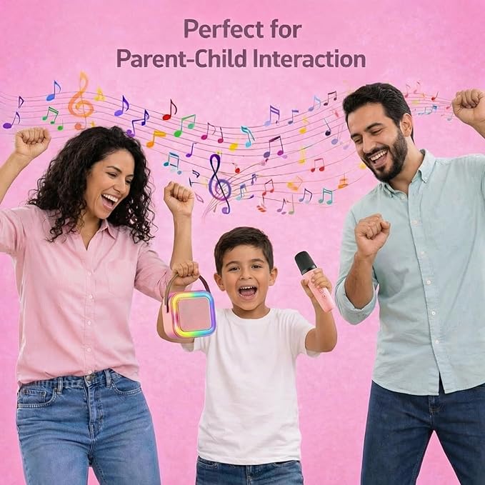 Karaoke Machine for Kids, Portable Bluetooth Speaker with 2 Wireless Microphones, Christmas Birthday Gift Toy Ideas for Boys and Girls Ages 4, 5, 6, 7, 8, 9, 10, 12+ Years Old (Pink)