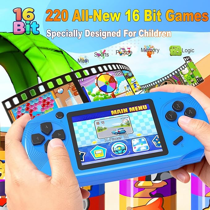 16 Bit Handheld Games for Kids Adults 3.0'' Large Screen Preloaded 220 HD Classic Retro Video Games USB Rechargeable Seniors Electronic Game Player Birthday Xmas Present (Blue)
