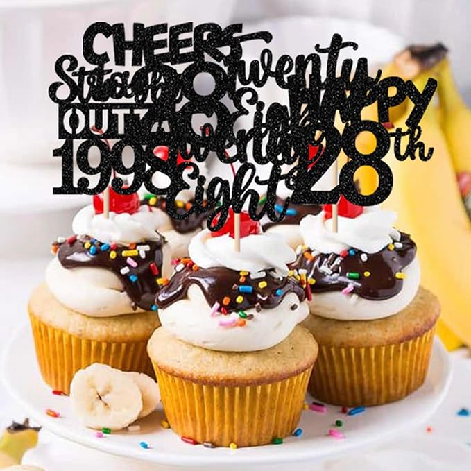30PCS Black 28th Birthday Cupcake Toppers Glitter Twenty Eight Happy 28th Straight Outta 1998 Cupcake Picks for Cheers to 28 Years Birthday Wedding Anniversary Party Cake Decorations Supplies