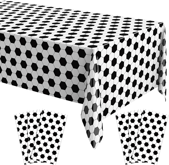 Oudain 6 Pcs Soccer Party Tablecloth 54 x 108 Inch Rectangle Football Table Cloth Disposable Plastic Sport Themed Table Covers for Soccer Day Birthday Party Supplies Favors (Black, White)