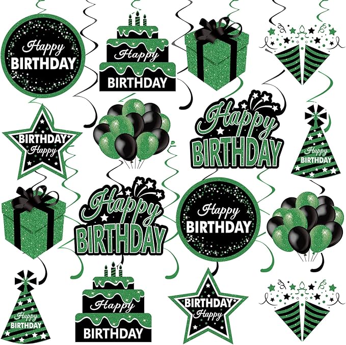 Green Birthday Hanging Swirls Decorations for Women Men, 16Pcs Black and Green Happy Birthday Foil Swirls Party Supplies, 10th 16th 18th 21st 30th 40th 50th 60th Bday Theme Swirls Ceiling Decor