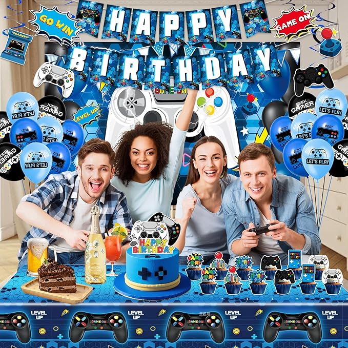 45Pcs Gamer Birthday Party Decorations - Gaming Party Supplies with Backdrop, Banner, Tablecloth, Balloons, Swirls & Cake Toppers for Video Game Theme, Blue