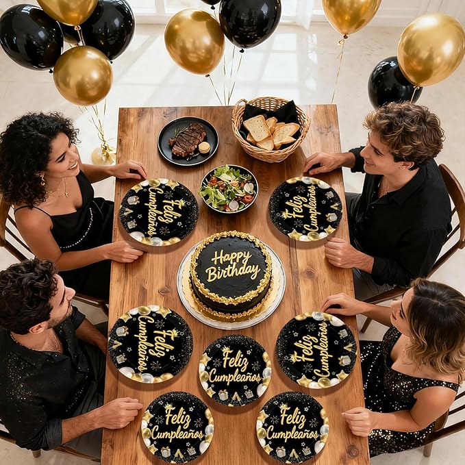 96Pcs Feliz Cumpleaños Decoration Black and Gold Plates and Napkins Mexican Fiesta Happy Birthday Tableware Set for Men Women Spanish Black and Gold Birthday Party Supplies, Serves 24