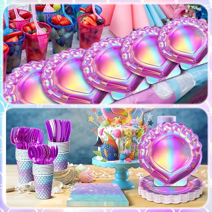 Cunhill 144 Pcs Iridescent Pink Mermaid Party Birthday Supplies Paper Tableware Hot Pink Purple Holographic Mermaid Plates Napkins Cups Spoons Fork Knives Under The Sea Dinnerware Set