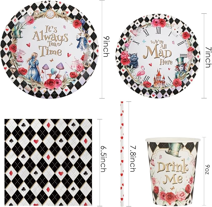 Alice in Wonderland Birthday Party Decorations, 120Pcs Tea Themed Party Supplies Tableware Includes Paper Plates, Napkins, Cups and Straws, Serves 24