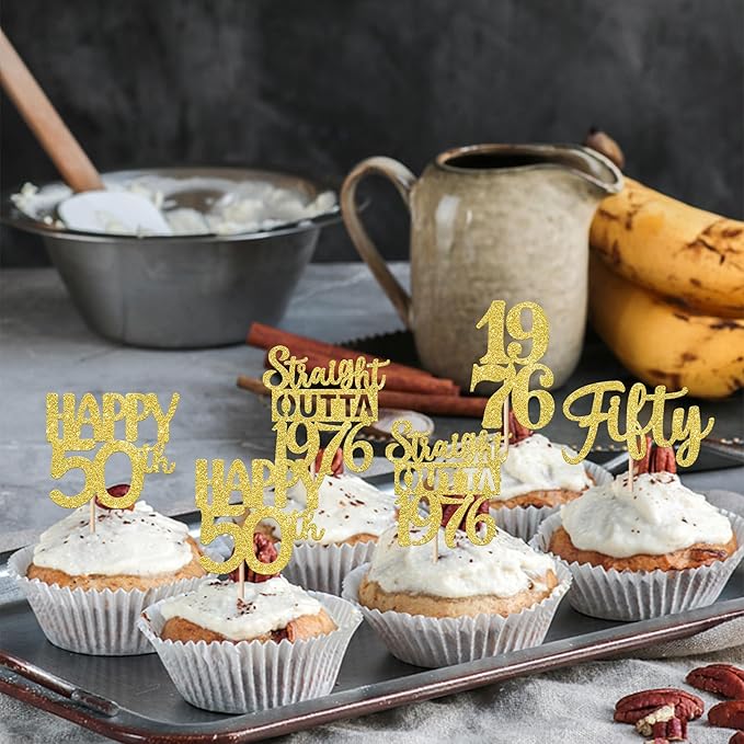 30PCS Happy 50th Birthday Cupcake Toppers Gold Glitter Fifty Straight Outta 1976 Cupcake Picks Cheers to 50 Years Cake Decorations for 50th Birthday Anniversary Party Decoration Supplies