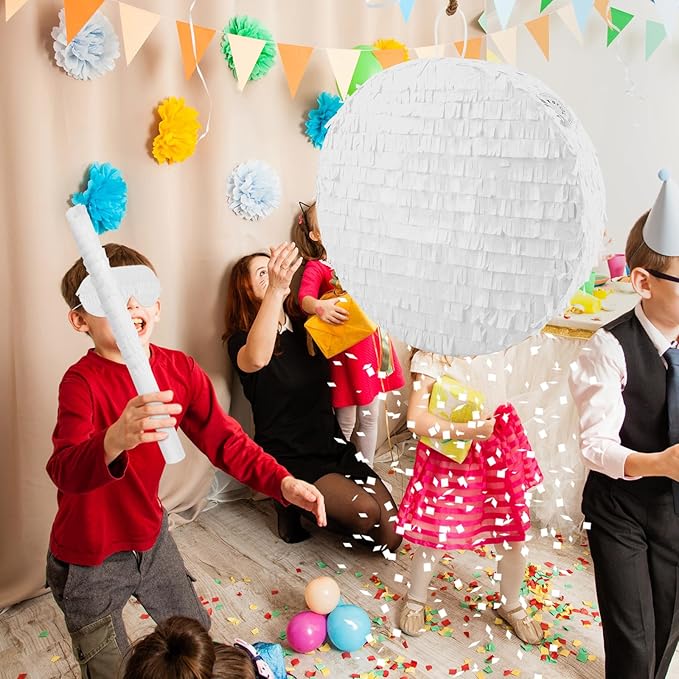 White Round Pinata with Stick Blindfold and Confetti DIY Blank Pinata for Adults Kids Birthday Party Supplies Carnivals Thanksgiving Decorations