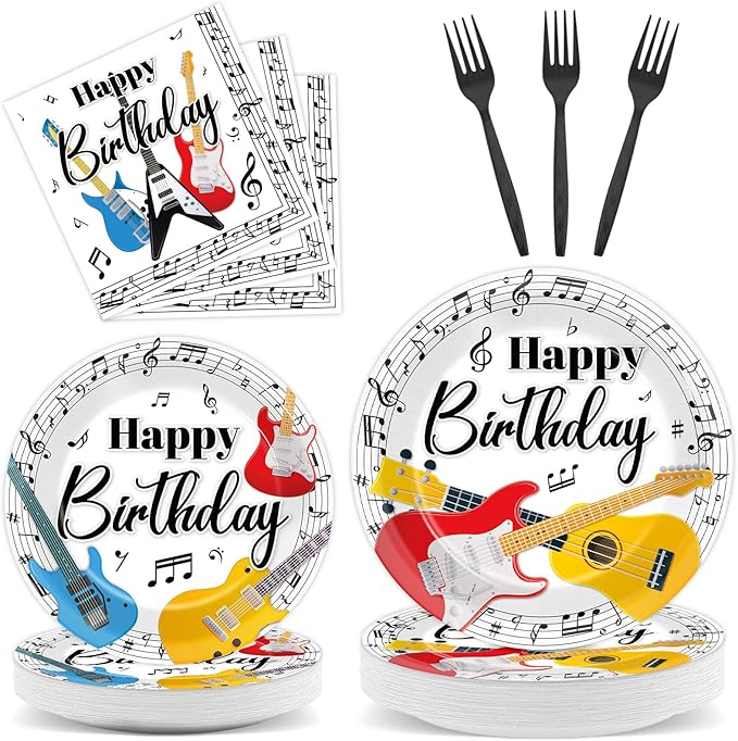 gisgfim 96Pcs Music Birthday Party Supplies Paper Plates Napkins Music Guitar Party Tableware Set Music Disposable Dinnerware Decorations Favors for Boys Girls Serves 24