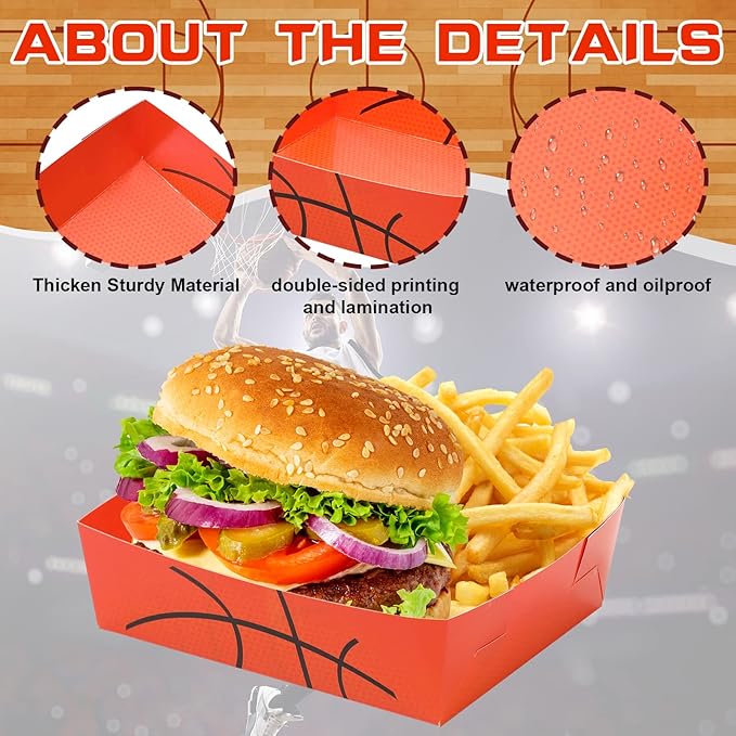Teling 36 Pack Basketball Party Supplies Large 5 lb Basketball Plates Trays Paper Food Boats Disposable Nacho Serving Snack Trays Dinner Plates for Sport Themed Birthday Party Decorations Favors
