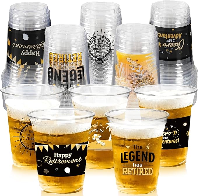 Retirement Party Decoration Cups, 50pcs 16 Oz Plastic Clear Drinking Cups for Retirement Party Supplies Favors Women Men Snack Cup Bulk