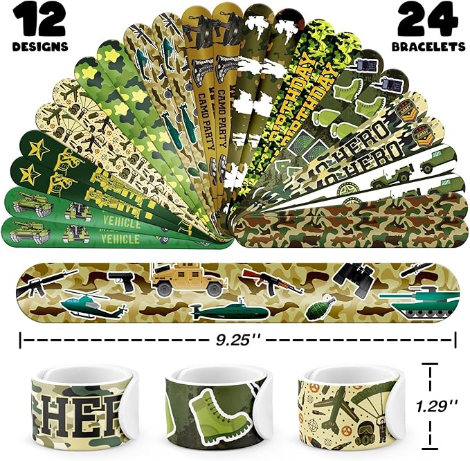 60 PCS Army Party Favors Set - 36 Temporary Tattoos & 24 Slap Bracelets for Kids, Perfect for Army-Themed Birthday Supplies, Classroom Rewards and Military Party Decorations